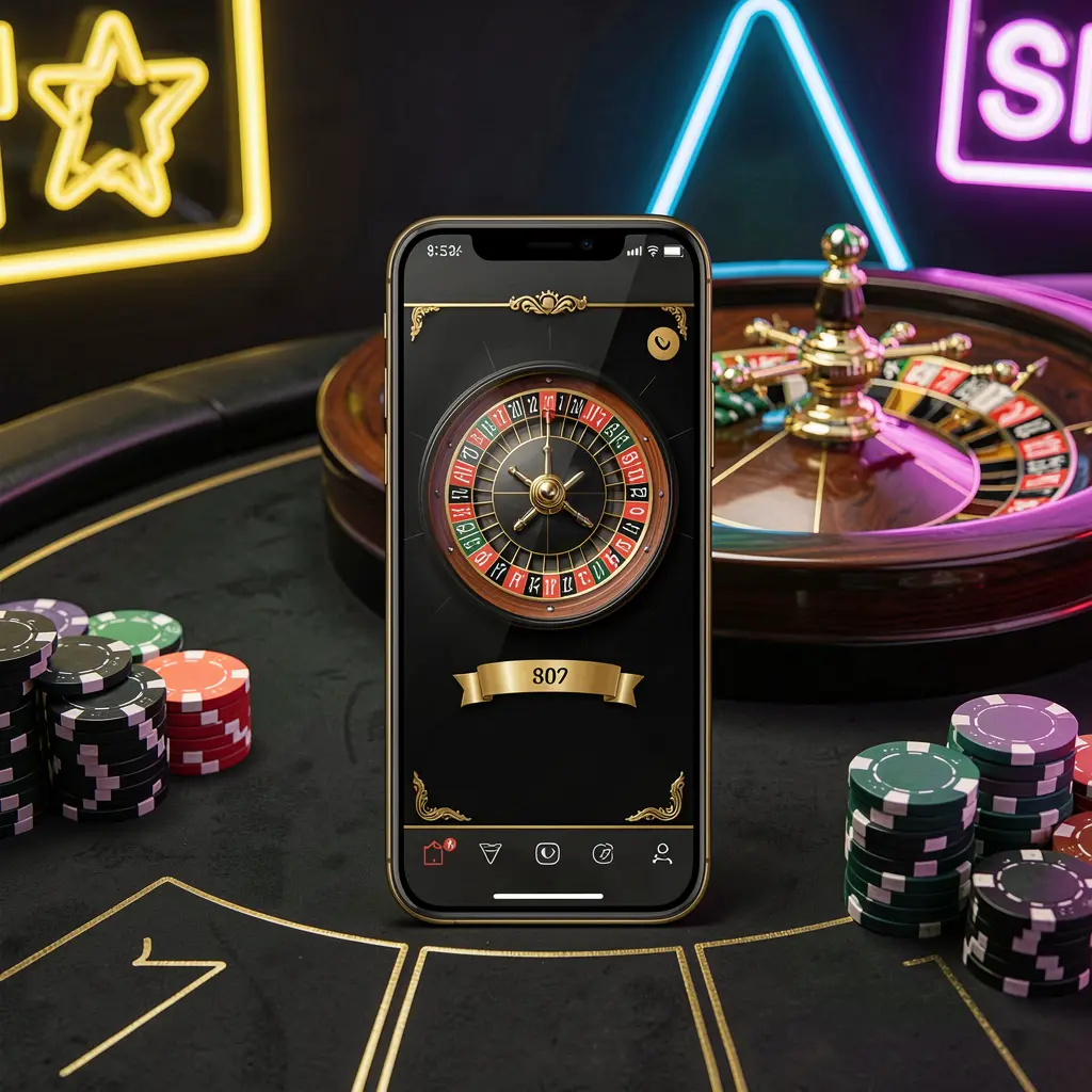AV111 mobile casino application scene featuring a phone in the center with a roulette wheel and poker chips in the background, illuminated by glowing neon lights in a premium black and gold style