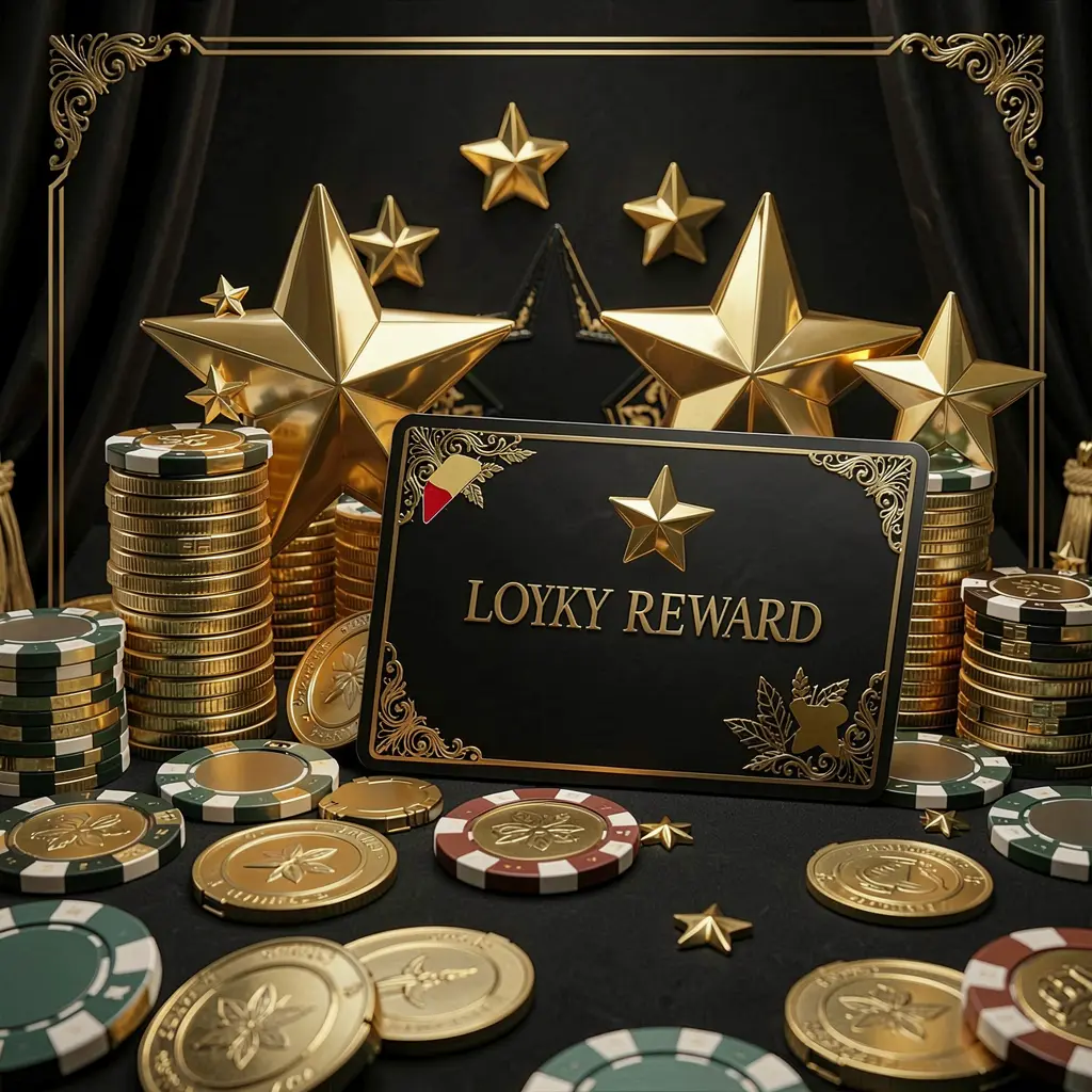 AV111 loyalty rewards casino image featuring golden stars, poker chips, coins, and a luxury reward card on an elegant black and gold background in a realistic 3D render