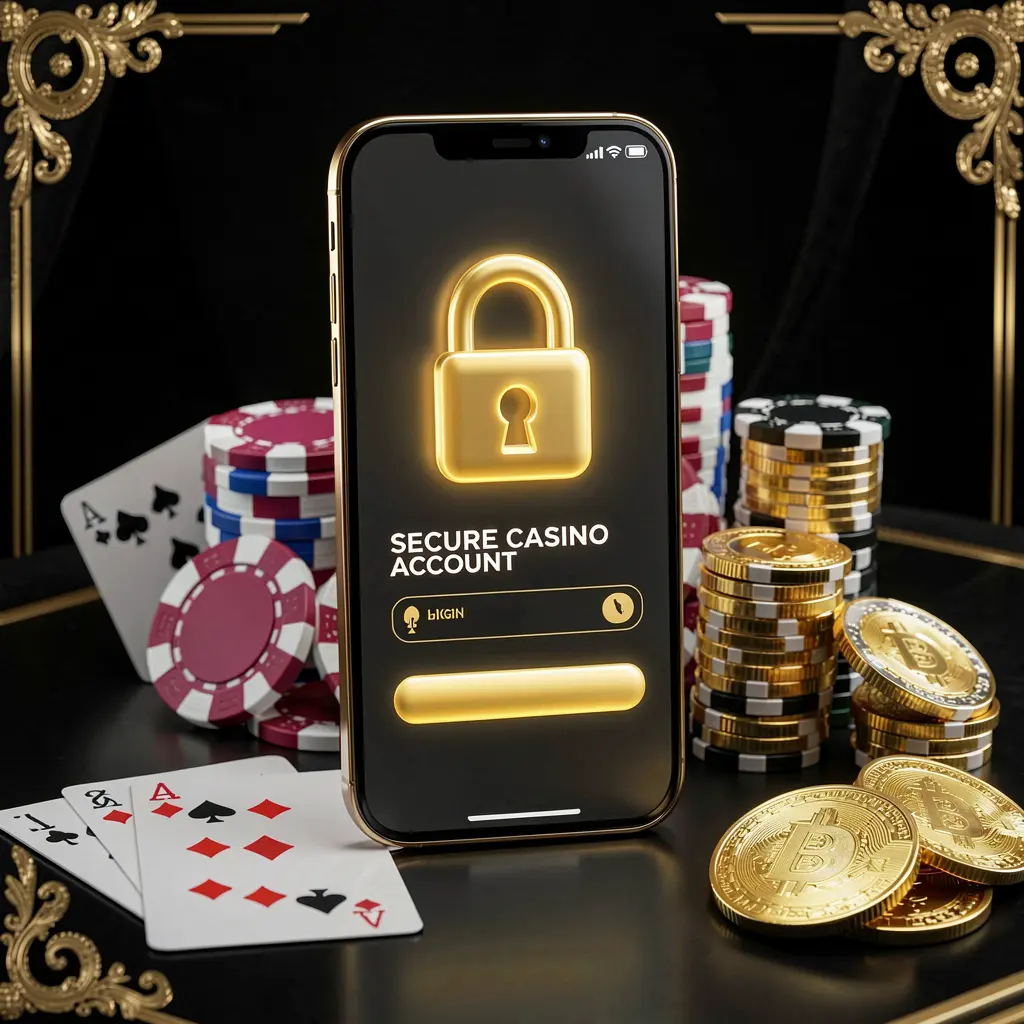 AV111 secure casino account login concept with glowing lock icon on smartphone screen surrounded by poker chips, playing cards, and golden coins against an elegant black and gold background