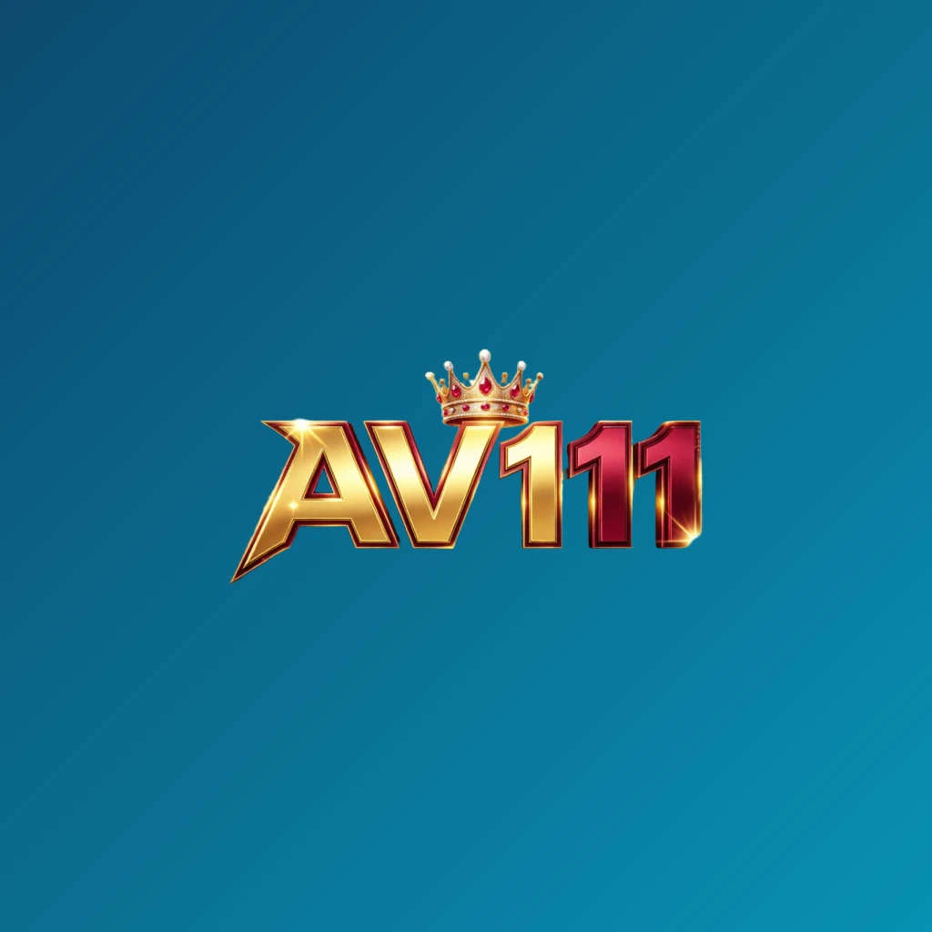 Dynamic casino-style logo for AV111 featuring massive bold lettering in bright gold and crimson colors with a glowing crown and sparkling light effects on a transparent background