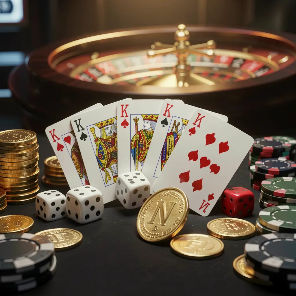 AV111 elegant online casino homepage featuring royal flush cards, dice, golden coins, poker chips on a dark table with a glowing roulette wheel in the background in a cinematic 3D render